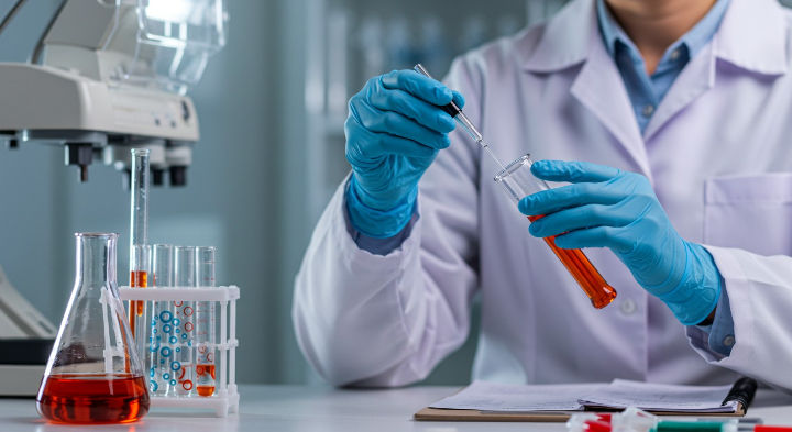 Un técnico de laboratorio, con bata blanca y guantes azules, sostiene un tubo de ensayo lleno de un líquido naranja. Se está usando un gotero para añadir una sustancia al tubo. También se ven varios vasos de precipitados y tubos de ensayo en la mesa del laboratorio.