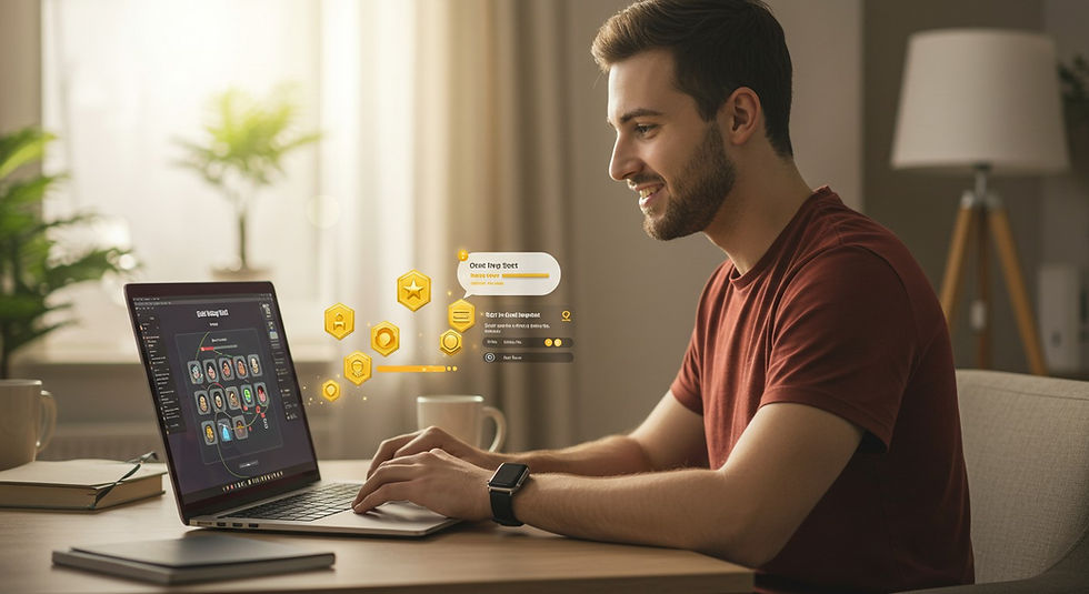 Un hombre sonriente con barba y camiseta roja usa una laptop en un escritorio de madera. En la pantalla de la laptop y flotando sobre ella, se observan gráficos de gamificación con iconos dorados y textos. El fondo es un hogar moderno.