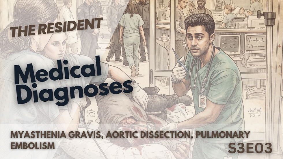 Esta miniatura de The Resident muestra un boceto del personal médico atendiendo urgentemente a un paciente. Detalla los diagnósticos de miastenia gravis, disección aórtica y embolia pulmonar para el tercer episodio de la tercera temporada.