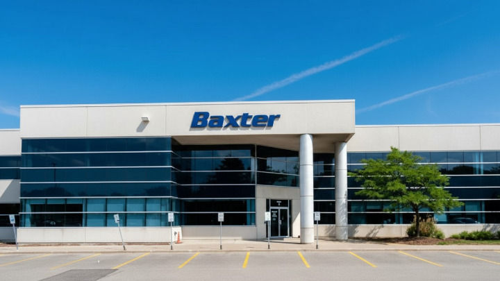 La imagen muestra el edificio de oficinas corporativas de Baxter de diseño moderno, con ventanas oscuras y fachada blanca, bajo un cielo azul brillante con algunas estelas de condensación.