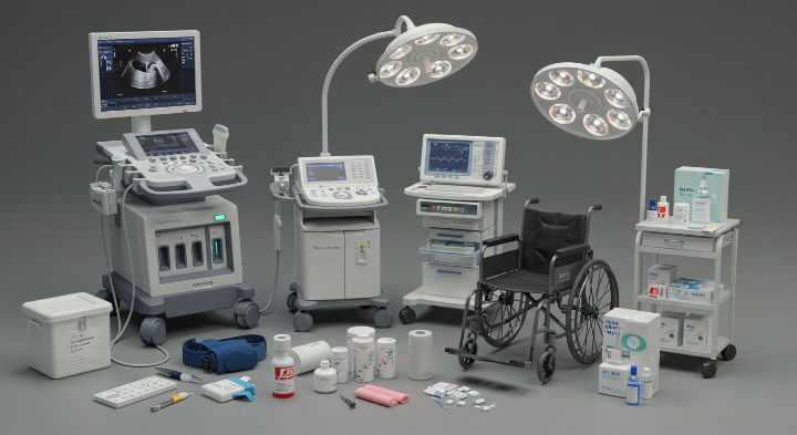 Esta imagen muestra una colección de equipos médicos, que incluye una máquina de ultrasonido, luces quirúrgicas, un monitor de paciente, una silla de ruedas y varios suministros y botellas.