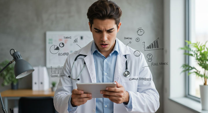 Un doctor joven, con bata y estetoscopio, mira su tableta con una expresión de preocupación. Gráficos y diagramas de datos flotan digitalmente a su alrededor.