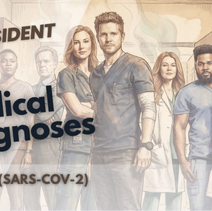 This sketch-style thumbnail for The Resident showcases the main cast standing together in a clinical hallway. It features the medical diagnosis for COVID-19 (SARS-CoV-2) for the first episode of season four.