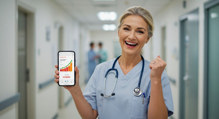 A smiling female healthcare worker in scrubs holds a phone displaying a rising financial graph. She clenches her fist triumphantly in a hospital hallway.