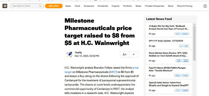 Noticia: El precio objetivo de Milestone Pharma fue elevado de $5 a $8 por H.C. Wainwright.
