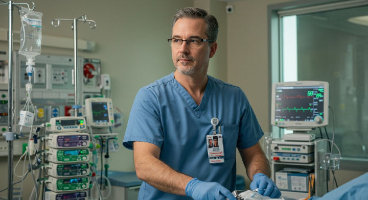 A nurse in blue scrubs, wearing gloves, stands in a hospital room with medical equipment and monitors. He looks focused and serious.
