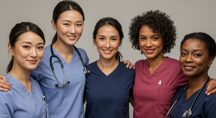 A group of five smiling nurses in colorful scrubs poses together, two with stethoscopes. Neutral background.