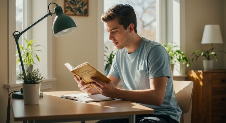 Un joven concentrado lee un libro en un escritorio de madera, bajo la luz de una lámpara de escritorio. Viste una camiseta azul claro, con plantas y una ventana soleada detrás.