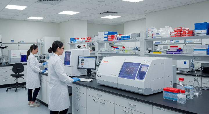 Two researchers in lab coats are working in a modern, clean laboratory, equipped with scientific instruments from Thermo Fisher Scientific. Both are focused, one in front of a monitor and the other near a piece of equipment.