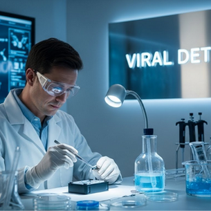 Un científico en un laboratorio avanzado usa gafas y guantes mientras analiza muestras. Detrás, una pantalla muestra estructuras moleculares y un letrero dice "VIRAL DETECTION" en una brillante luz azul.