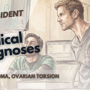Esta miniatura artística de The Resident muestra un dibujo detallado de Conrad Hawkins de pie junto a un médico que observa monitores. El texto inferior indica "Gossypiboma" y "Torsión Ovárica" para el undécimo episodio de la segunda temporada.