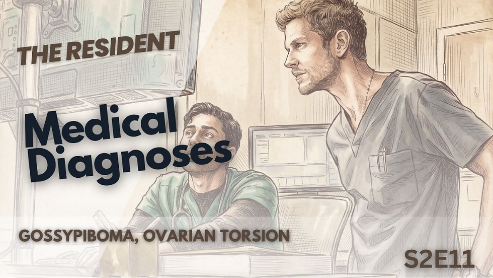 This artistic thumbnail for The Resident features a detailed sketch of Conrad Hawkins standing over a seated doctor looking at monitors. The text below lists "Gossypiboma" and "Ovarian Torsion" for Season 2, Episode 11.