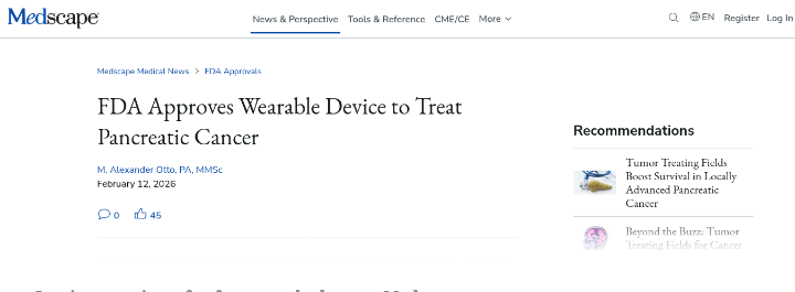 Screenshot of a Medscape article regarding the FDA approval of a wearable device to treat pancreatic cancer, dated February 12, 2026.