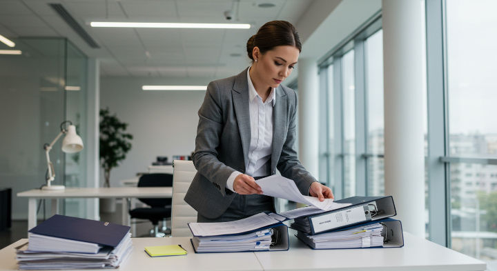 A senior clinical research coordinator in a gray suit organizes papers in a bright office with large windows and natural light. Office supplies and binders visible.