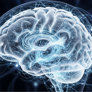 Digital illustration of a human brain glowing with bright blue neural networks.