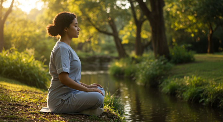 Una enfermera medita serena al atardecer junto a un arroyo en un entorno natural, destacando el autocuidado y la paz.