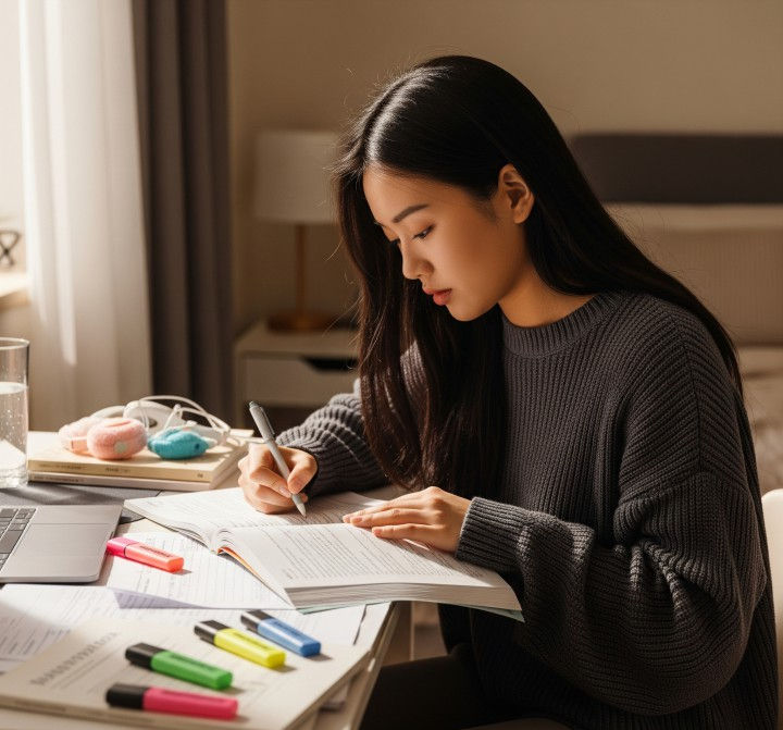 A young Asian student, focused and calm, reviews her class notes at a natural-lit desk in her room, surrounded by books and study materials.