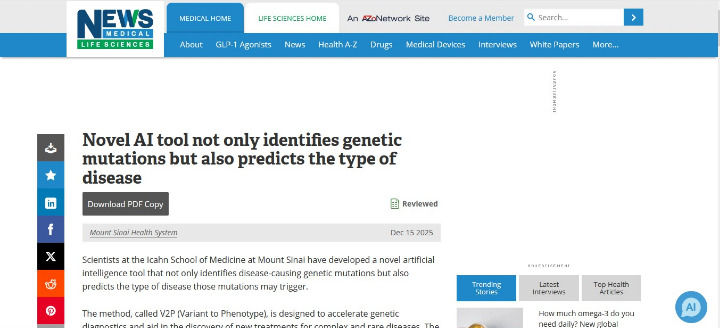 A screenshot of a medical news website shows the headline: "Novel AI tool not only identifies genetic mutations but also predicts the type of disease," mentioning Mount Sinai Health System.