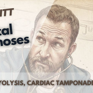 Esta miniatura de "The Pitt" presenta un dibujo detallado de un médico con estetoscopio, con texto resaltado que enumera "Medical Diagnoses" como rabdomiólisis y taponamiento cardíaco para el episodio S1E01.