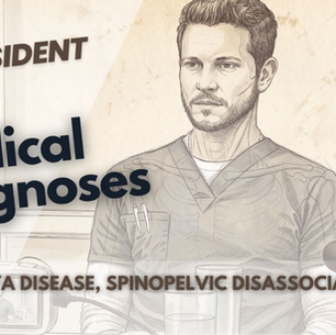 This sketch-style thumbnail for The Resident features a focused male doctor in scrubs. It lists diagnoses for Moyamoya disease and spinopelvic disassociation, referencing episode nine of the show's third season.