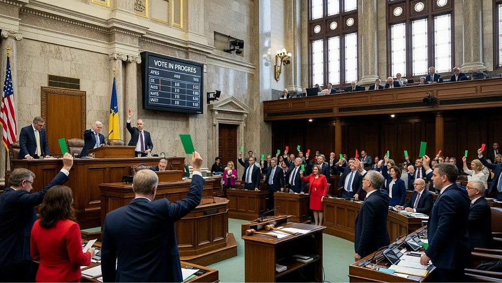 Legislators vote inside a grand, neoclassical chamber, holding up red and green cards. A large screen displays "VOTE IN PROGRESS" and tallied results.