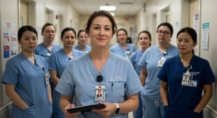 A group of nurses in blue scrubs stands confidently in a hospital corridor. They hold ID badges, with one nurse in front holding a tablet.
