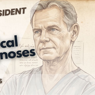 Esta miniatura de "The Resident" muestra un boceto detallado de un hombre mayor con cabello canoso y uniforme médico. Incluye el título "Medical Diagnoses", menciona "Babesiosis" e identifica el episodio diez de la quinta temporada.