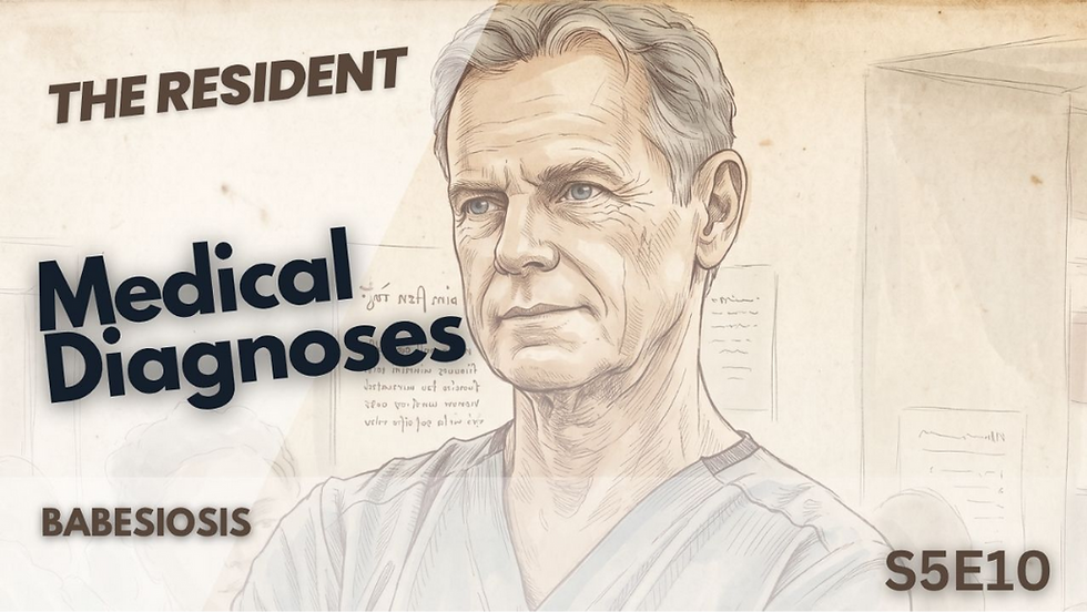 This "The Resident" thumbnail shows a detailed sketch of an older man with graying hair in medical scrubs. It displays the "Medical Diagnoses" title, mentions "Babesiosis," and identifies season five, episode ten.