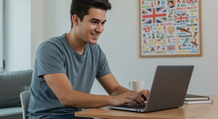 A smiling young man with light skin types on his laptop, immersed in learning English. He wears a gray t-shirt, and behind him, a framed picture displays flags and phrases, creating an ideal study environment.