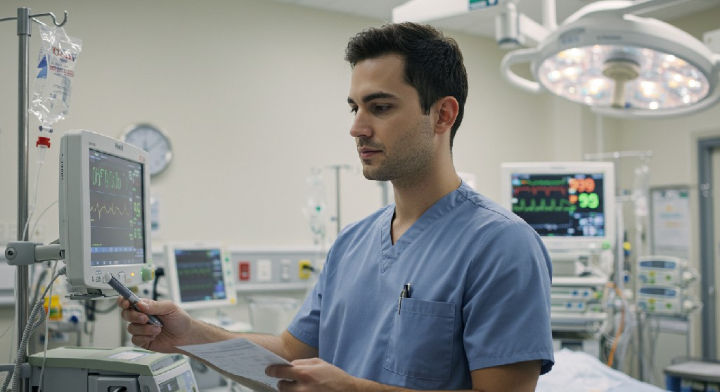 Un enfermero con uniforme azul revisa un monitor en una habitación de hospital con equipo médico. La pantalla muestra los signos vitales. Estado de ánimo tranquilo y concentrado.