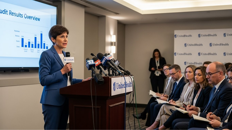Una ejecutiva de UnitedHealth ofrece una rueda de prensa ante periodistas, presentando resultados de auditoría en una pantalla digital durante un evento corporativo.