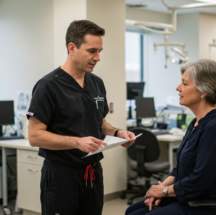 Un coordinador de investigación clínica, con uniforme negro, analiza el formulario de consentimiento informado con una mujer sentada en un consultorio médico. Computadoras y equipo médico visibles. Ambiente tranquilo.