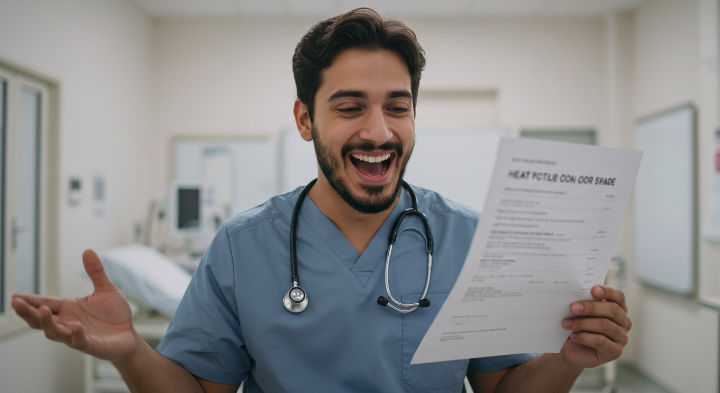 A young male doctor in blue scrubs reacts with great joy and surprise to a document he's reading. He gestures with his hand in a hospital room.