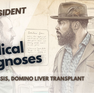 Esta miniatura de The Resident muestra un boceto de un hombre con sombrero mirando sombríamente a un profesional médico. Detalla diagnósticos de amiloidosis y trasplante de hígado dominó para el decimocuarto episodio de la cuarta temporada.