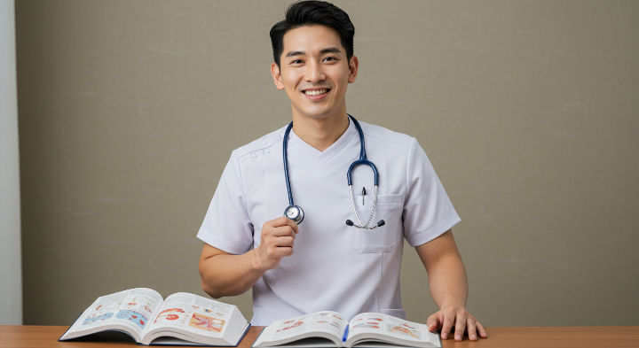 Enfermero sonriente vestida de blanco con estetoscopio, sentada en una mesa de madera con libros de medicina abiertos. Fondo beige neutro, concentrada y estudiosa.