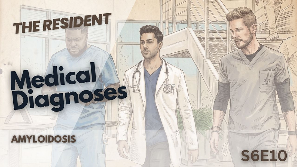 This YouTube thumbnail for The Resident, season 6 episode 10, features a sketch-style drawing of three male medical professionals walking forward, with prominent text that displays the specific diagnosis "Amyloidosis."