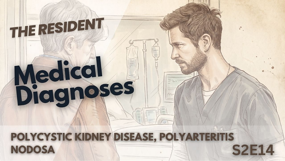 This artistic thumbnail for The Resident features a detailed sketch of Conrad Hawkins looking intensely at an older man. The text below lists "Polycystic Kidney Disease" and "Polyarteritis Nodosa" for Season two, Episode fourteen.
