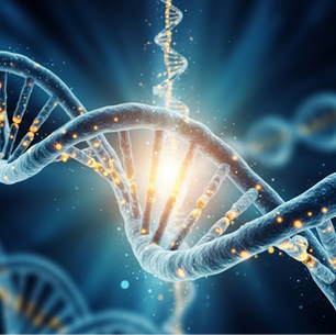 A vibrant, digital illustration of double-helix DNA strands glowing against a dark blue, microscopic background, with golden particles and light bursts highlighting the intricate genetic structures in a futuristic style.