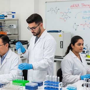 This image shows three scientists in white coats working intently in a modern laboratory, performing microscopy tasks, handling samples with pipettes, and conducting data analysis on a computer at their station.