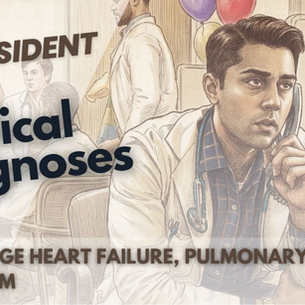 This artistic sketch illustrates a concerned young doctor on a phone call, surrounded by hospital staff and bold text overlaying specific medical diagnoses from the television series "The Resident" episode two.