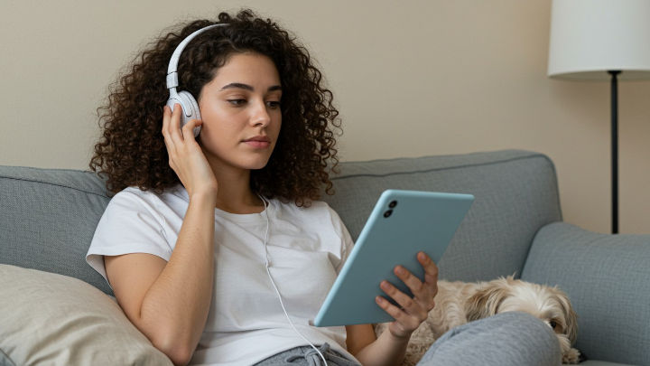 A young woman with curly hair and white wired headphones relaxes on a grey sofa, holding a light blue tablet. Beside her, a small dog lies peacefully.