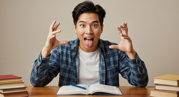 Un joven de pelo oscuro, con camisa a cuadros, sentado en un escritorio con libros, mira juguetón a la cámara con la lengua fuera y las manos levantadas.