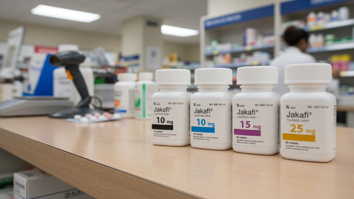 Four bottles of Jakafi pills with different doses (10, 10, 15, and 25 mg) are on a wooden pharmacy counter, with a barcode scanner visible in the background.
