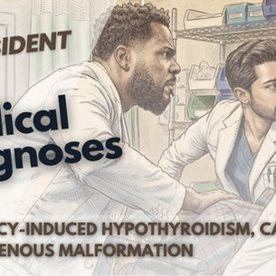 This sketch-style thumbnail for The Resident depicts two doctors in lab coats examining a patient. It lists medical diagnoses for pregnancy-induced hypothyroidism and cardiac arteriovenous malformation for the fifth episode of season four.