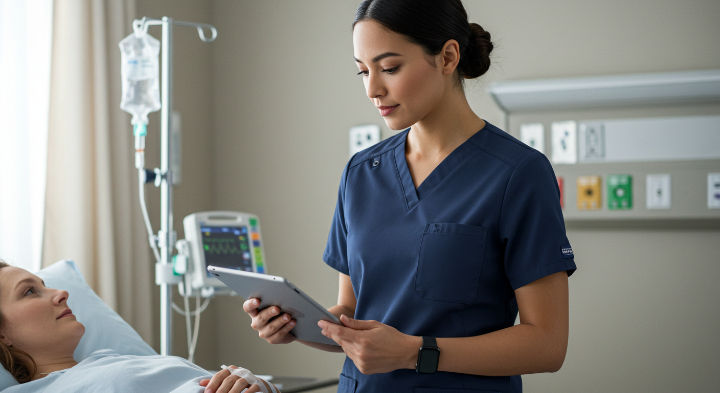 Nurse in navy scrubs holds tablet by patient in bed in clinical setting. IV, monitor present; calm, professional atmosphere.