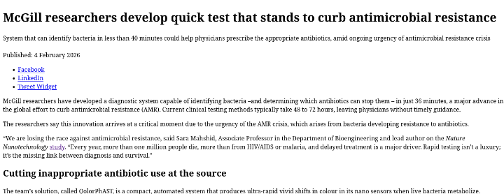 This screenshot of a McGill University article details the development of a rapid test to identify bacteria and curb antimicrobial resistance in just 36 minutes.