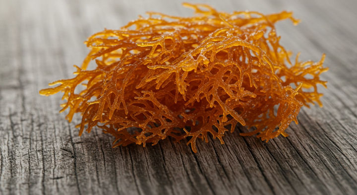 Una imagen macro de un manojo de algas marinas secas de color naranja. La textura fibrosa y entrelazada es el foco principal sobre una superficie de madera desgastada con vetas visibles.
