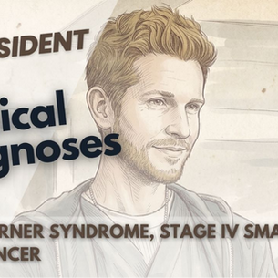 Este dibujo artístico presenta un primer plano de un médico sonriente, con texto llamativo de "The Resident" y diagnósticos como síndrome de May-Thurner y cáncer de pulmón en etapa IV para el séptimo episodio.