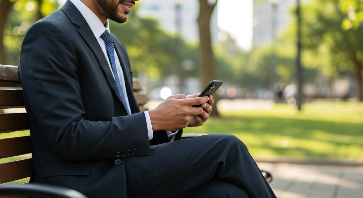 A smiling man in a dark suit and blue tie sits on a park bench, looking at and using his smartphone. The blurred background shows trees and an urban environment.