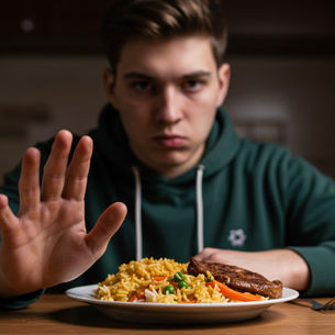 Un joven con sudadera verde detiene con la mano un plato de arroz y carne. Mira a la cámara con una expresión seria, negándose a comer la comida.